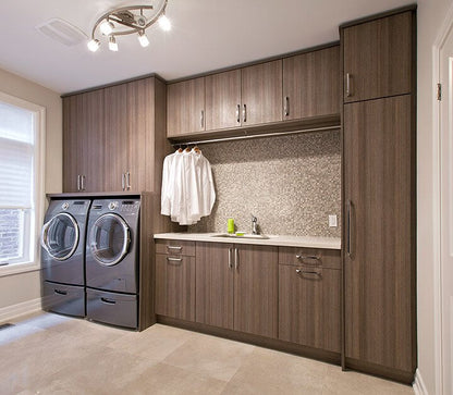 Black Rothnow laundry cabinet RNLC07 with customized size, wood finish, and storage compartments for laundry room organization.