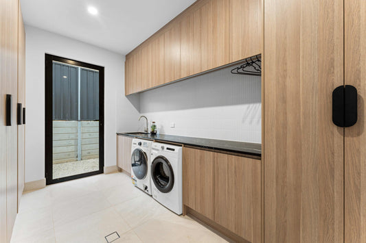 Black Rothnow Laundry Cabinet RNLC07 with adjustable shelves and sleek design, perfect for organizing laundry space.