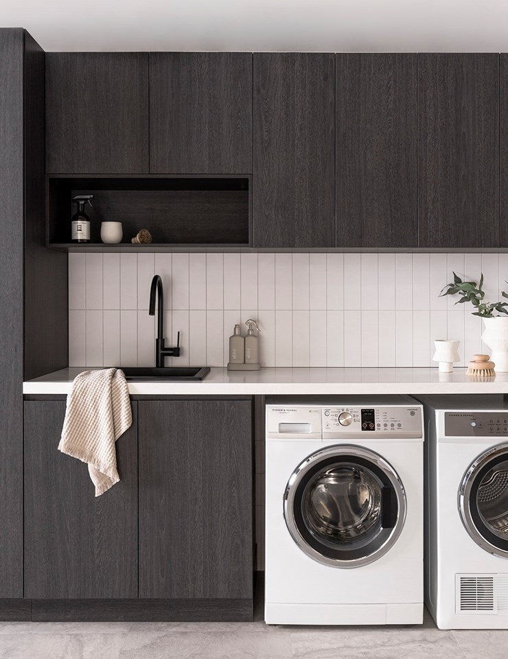 Black Rothnow Laundry Cabinet RNLC08, customized size, with doors and storage compartments for organized laundry space.