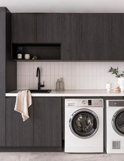 Black Rothnow Laundry Cabinet RNLC08, customized size, with doors and storage compartments for organized laundry space.