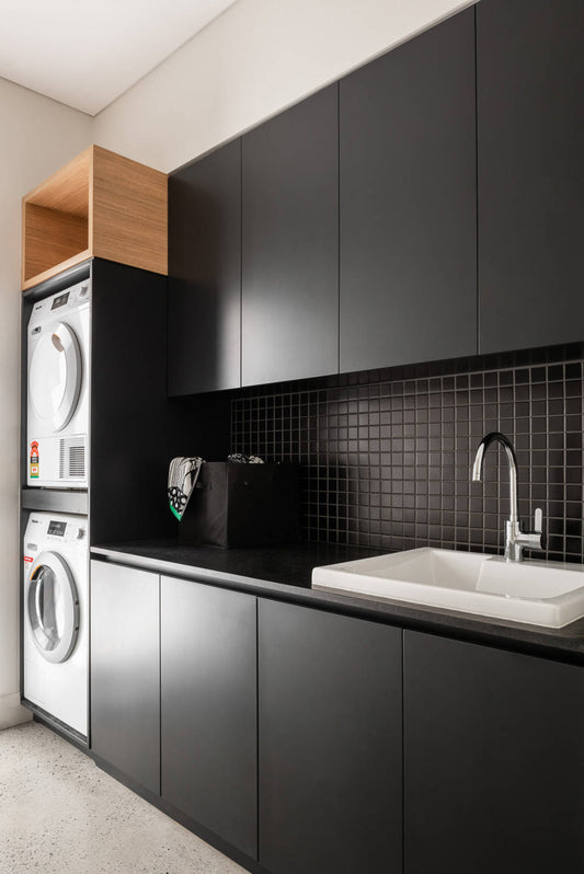 Black Rothnow laundry cabinet RNLC08, customized size, with storage compartments and sleek modern design.