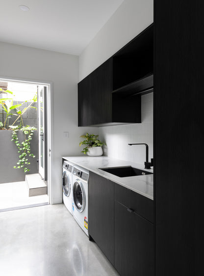 Black Rothnow® Laundry Cabinet RNLC08 with customized size, featuring storage shelves and a sleek modern design.