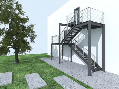 Black Rothnow outdoor staircase with fire escape design, customized size, featuring durable metal steps and safety railings.
