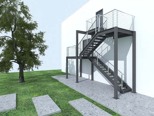 Black Rothnow outdoor staircase with fire escape design, customized size, featuring durable metal steps and safety railings.