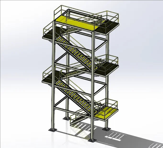 Black Rothnow outdoor staircase with sturdy metal steps and handrails, designed for fire escape and building access.