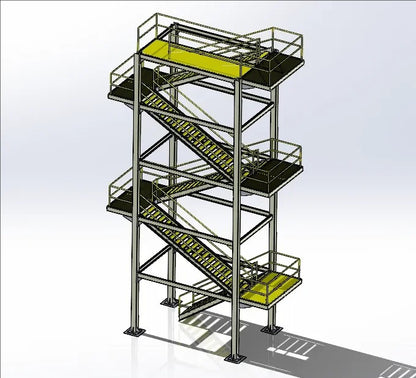 Black Rothnow outdoor staircase with sturdy metal steps and handrails, designed for fire escape and building access.