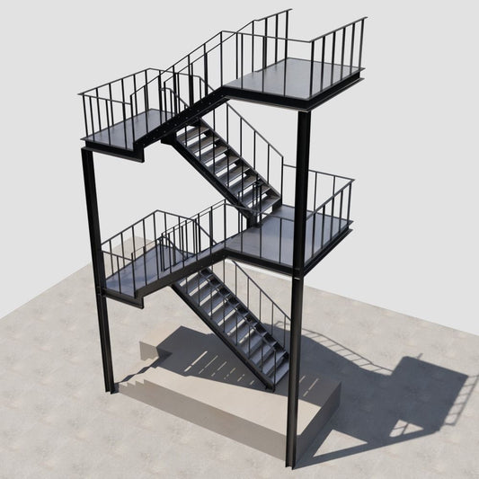 Black Rothnow outdoor staircase with sturdy metal steps and handrails, designed for fire escape and building safety.