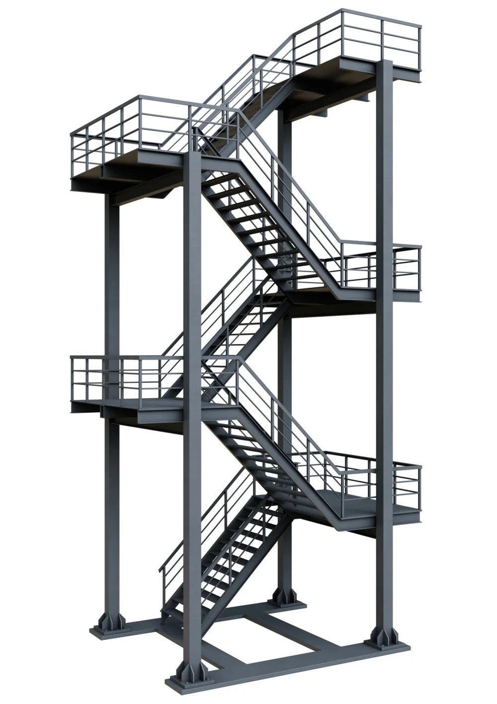 Black Rothnow outdoor staircase, fire escape staircase with customized size, metal construction, and safety railings for building exterior.
