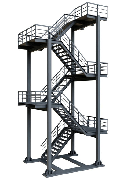 Black Rothnow outdoor staircase, fire escape staircase with customized size, metal construction, and safety railings for building exterior.