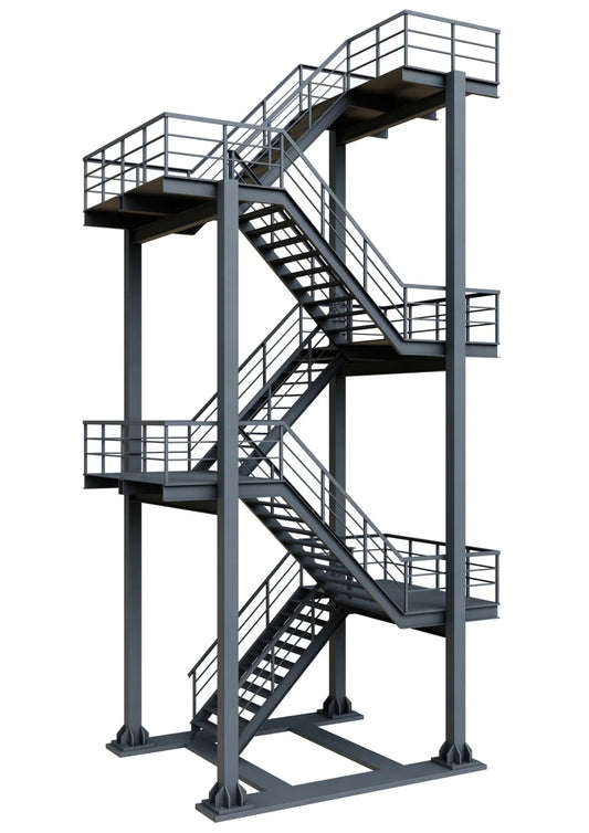 Black Rothnow outdoor staircase, fire escape staircase with customized size, metal construction, and safety railings for building exterior.