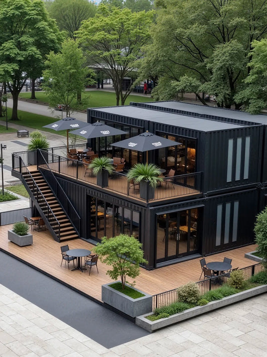 Black Rothnow Prefab Container House made of steel structure, customized size, modern DIY design for versatile use.