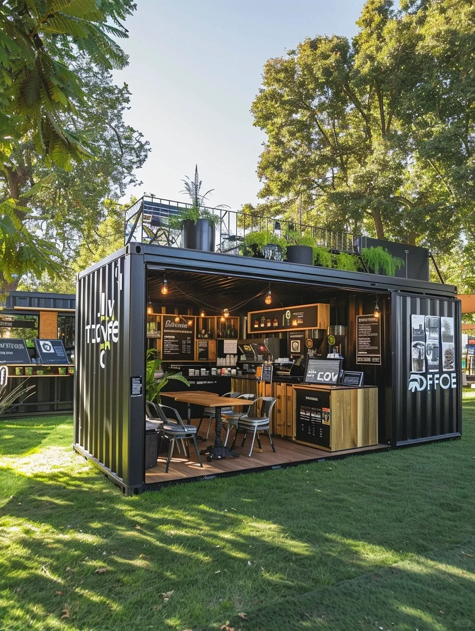 Black Rothnow Prefab Steel Container House RNPH012 DIY Container Shop with customized size and modern steel structure design.
