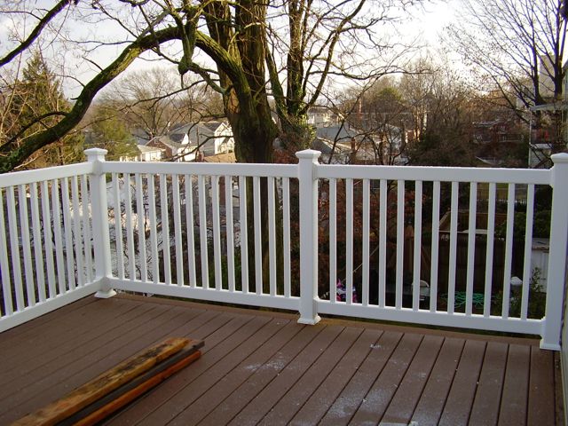 Black Rothnow PVC railing and fence, customizable size, with vertical slats and sturdy posts, suitable for outdoor safety and fencing.