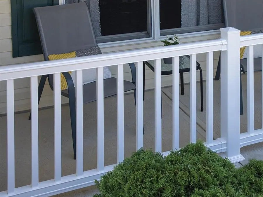 Black Rothnow PVC railing and fence with customized size, featuring horizontal slats and sturdy posts for outdoor safety.