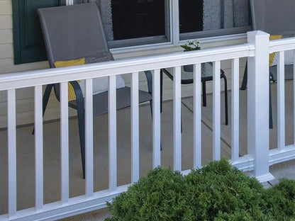 Black Rothnow PVC railing and fence with customized size, featuring horizontal slats and sturdy posts for outdoor safety.