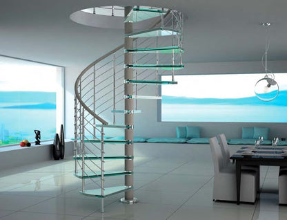 Rothnow Spiral Staircase RNSS01 with glass steps and black finish, modern interior staircase design with sleek metal railing.