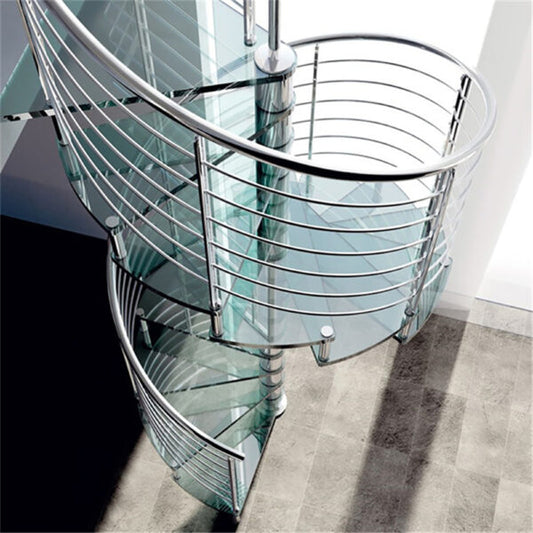 Black Rothnow® Spiral Staircase RNSS02 with glass steps, showcasing a modern, customized design with sleek metal railing.