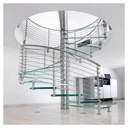 Black Rothnow Spiral Staircase RNSS02 with glass steps, showcasing its sleek, modern design and sturdy metal frame.