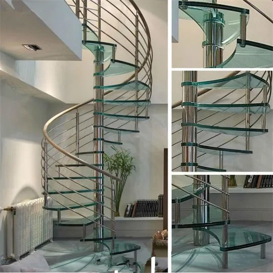 Black Rothnow Spiral Staircase RNSS02 with glass steps, sleek design, and modern style, featuring a custom size and sturdy construction.