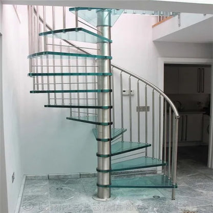 Black Rothnow Spiral Staircase RNSS02 with glass steps, showcasing a sleek, modern design and sturdy metal handrail in a contemporary setting.