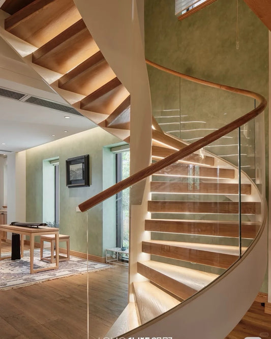 Rothnow® Wood Spiral Staircase RNSS03 with black finish, custom size, showcasing elegant design and sturdy construction.