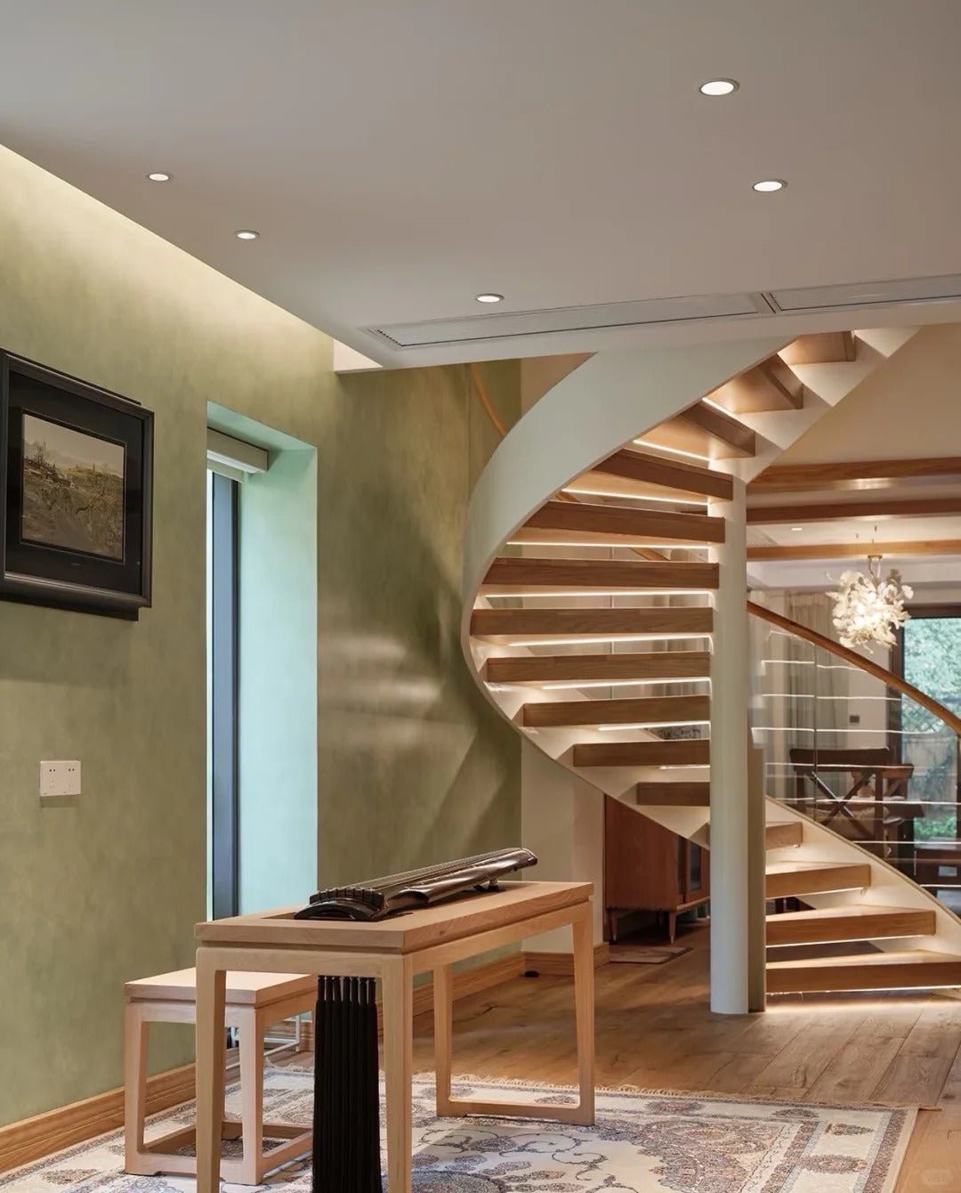 Rothnow® Wood Spiral Staircase RNSS03 with black finish, custom size, elegant design, showcasing the curved wooden steps and modern style.