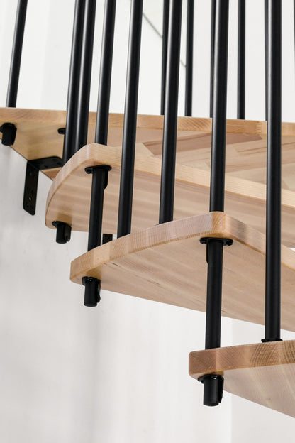 Rothnow® Wood Spiral Staircase RNSS04 with black finish, featuring curved wooden steps and sleek metal railing.