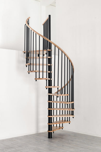 Rothnow® Wood Spiral Staircase RNSS04 with black finish, custom size, showcasing elegant curved design and wooden steps.
