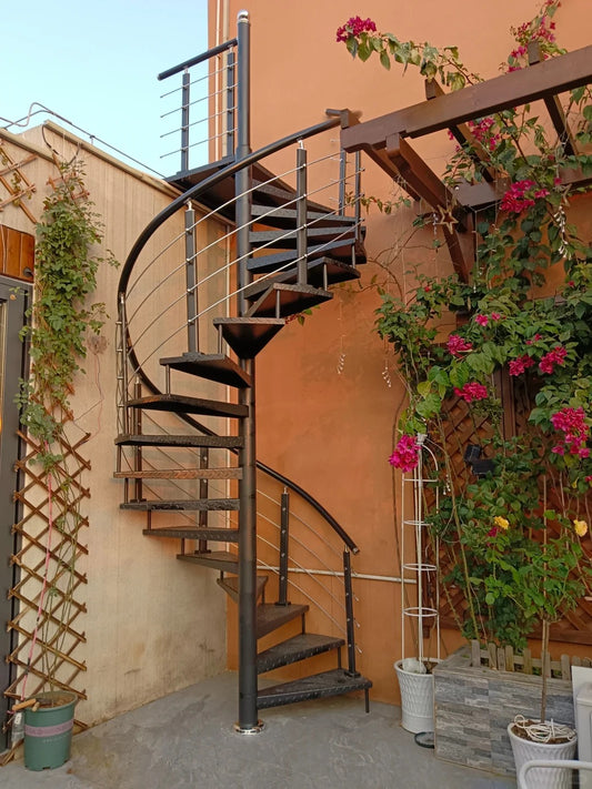 Rothnow® outdoor black carbon steel spiral staircase with custom size, featuring a sturdy, modern design for outdoor use.