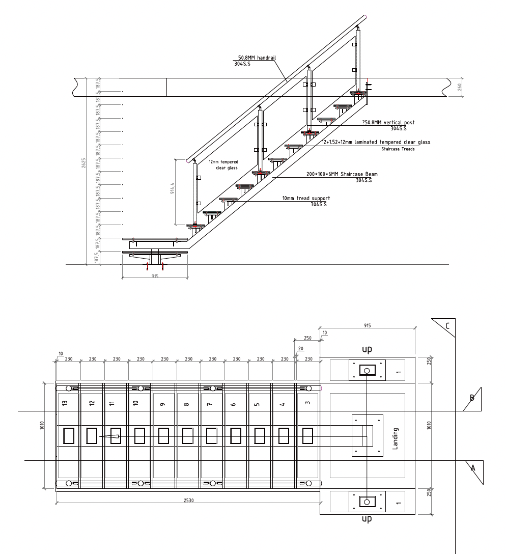 Rothnow® glass straight staircase with black finish, featuring sleek handrails and modern design for contemporary interiors.