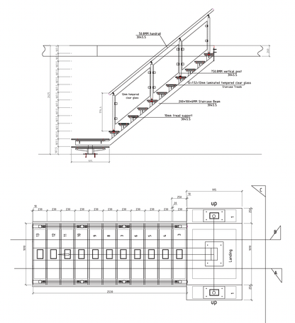 Rothnow® glass straight staircase with black finish, featuring sleek handrails and modern design for contemporary interiors.