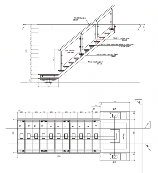 Rothnow® glass straight staircase with black finish, featuring sleek handrails and modern design for contemporary interiors.