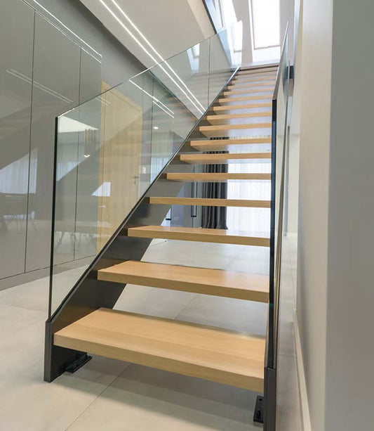 Rothnow® straight wooden staircase with black finish, custom size, modern design, and sleek handrails for residential interior use.