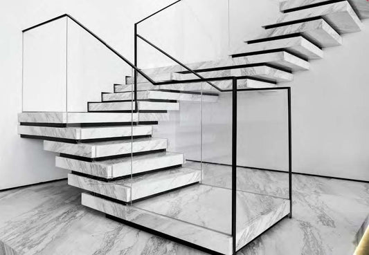 Black Rothnow straight staircase with stone finish, showcasing the sleek, custom-sized design of the Rothnow RNSS05 staircase.