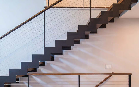 Black Rothnow straight staircase side board and keel for staircase model RNSS08, designed for customized size installation.