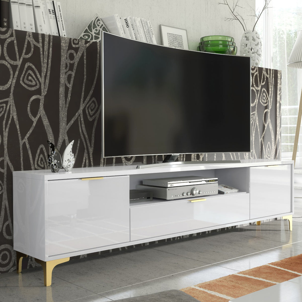 Black Rothnow TV stand RNTC02 TV cabinet with customizable size and modern design, suitable for living room entertainment setup.