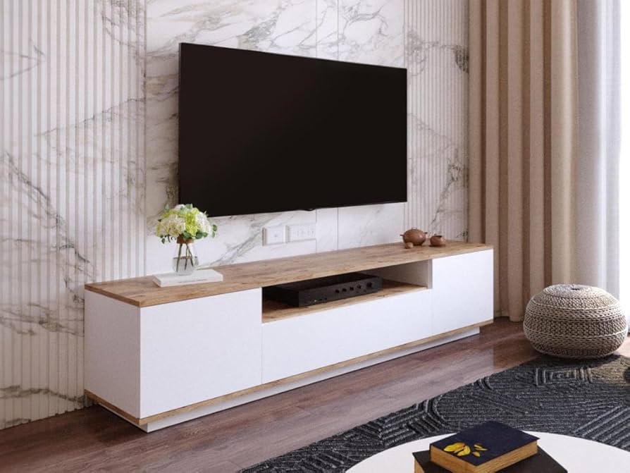 Black Rothnow TV stand RNTC03 TV cabinet with custom size, modern design, and open shelving for media storage.