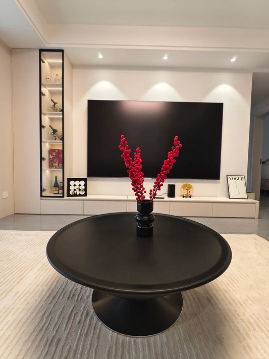 Black Rothnow TV stand RNTC07 with customizable size, featuring a sleek TV cabinet design and protective railing for modern entertainment spaces.