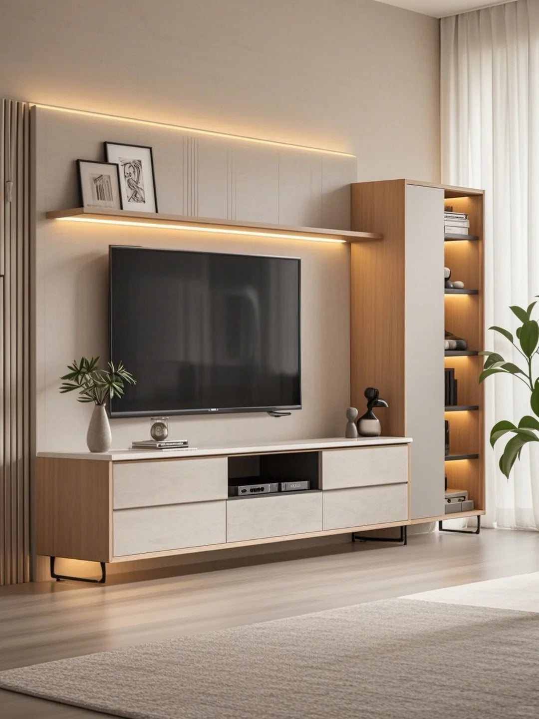 Rothnow® TV stand RNTC08 in black, custom-sized TV cabinet with a sturdy design and open shelving for media devices.
