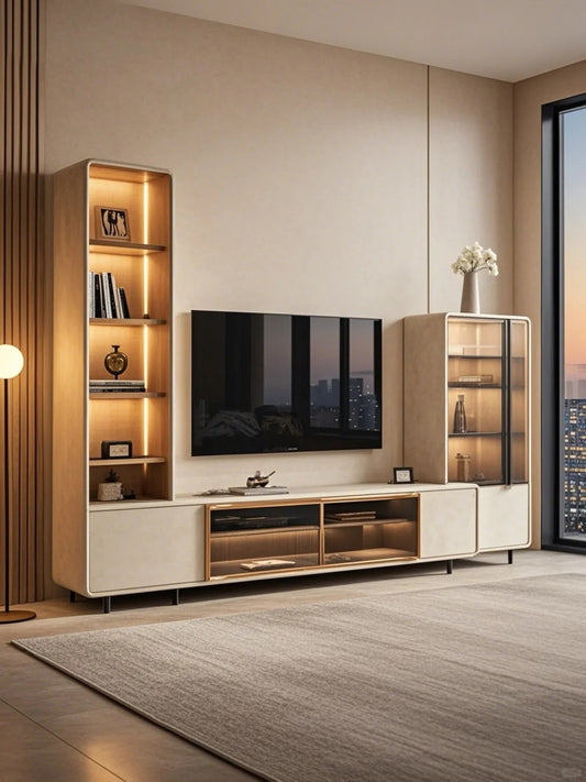 Black Rothnow TV stand RNTC08 with sleek design and customizable size, perfect for modern living room setups.