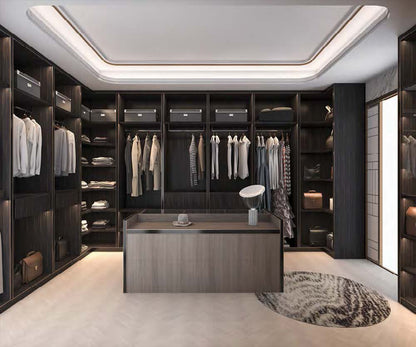 Rothnow Wardrobe RNW10 walk-in closet with black custom-sized protective railing for organized storage and wardrobe safety.