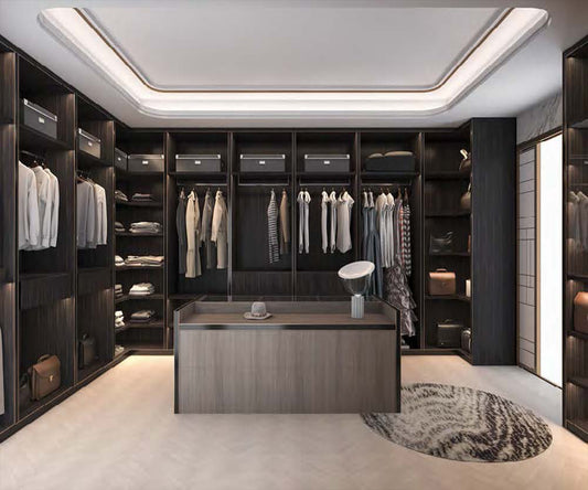 Rothnow Wardrobe RNW10 walk-in closet with black custom-sized protective railing for organized storage and wardrobe safety.