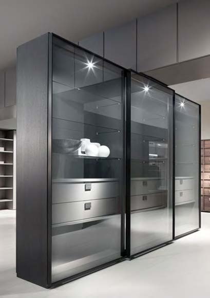 Black Rothnow Wardrobe RNWC04 sliding door closet with sleek protective railing for modern bedroom storage.