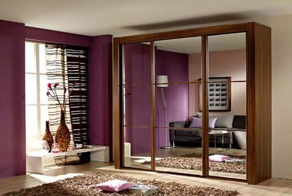 Rothnow Wardrobe-RNWC04 sliding door closet with black护栏, modern design, custom size, and sleek finish in a contemporary bedroom setting.