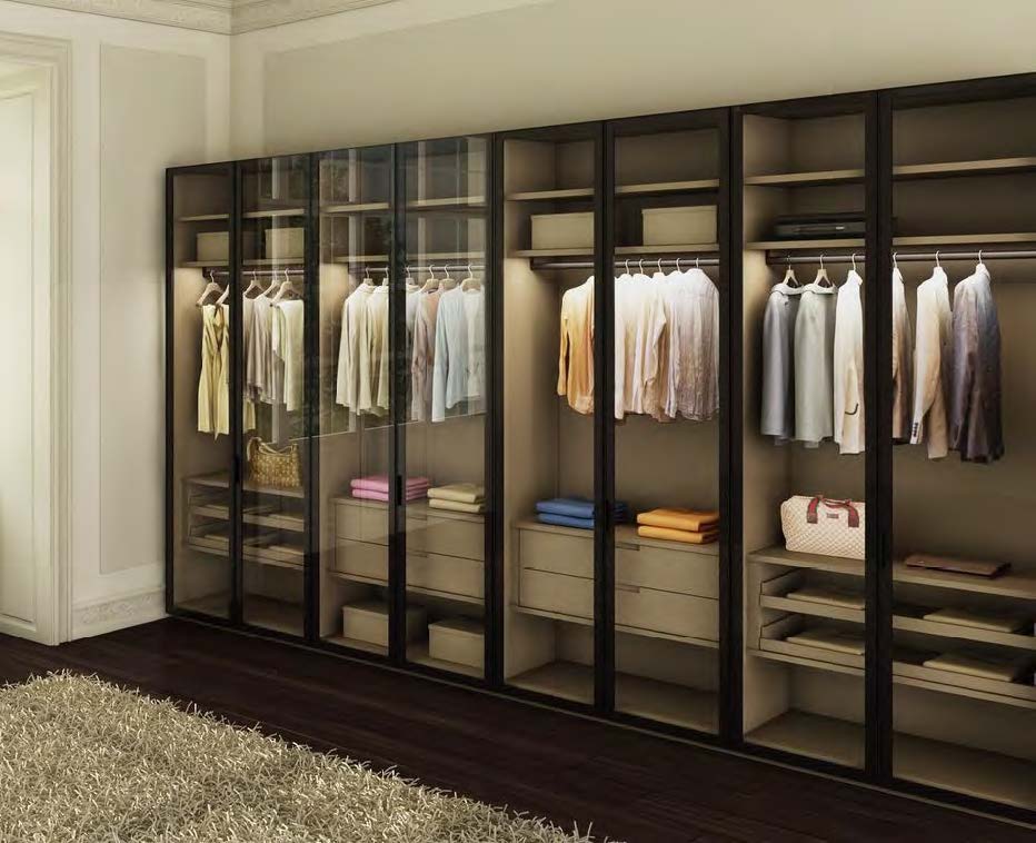 Rothnow aluminum glass door wardrobe with sleek black finish and modern design, featuring clear glass panels and customizable size.