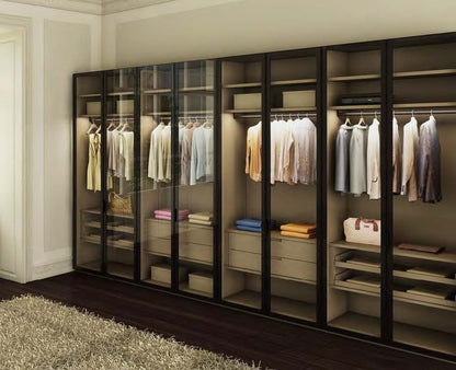 Rothnow aluminum glass door wardrobe with sleek black finish and modern design, featuring clear glass panels and customizable size.