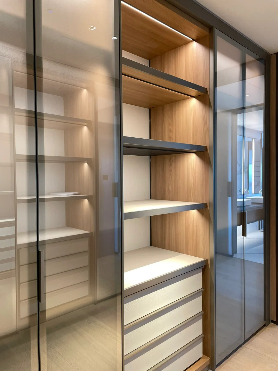 Black Rothnow aluminum glass door wardrobe with sleek modern design and customizable size for stylish storage.