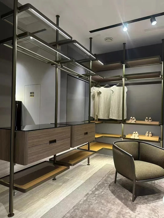 Wall-mounted Rothnow wardrobe RNWC08 with black finish and custom size, featuring a secure护栏 for organized closet storage.