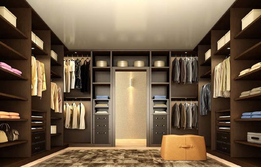 Black Rothnow Wardrobe RNWC09 walk-in closet with custom-sized protective railing for organized storage and elegant design.