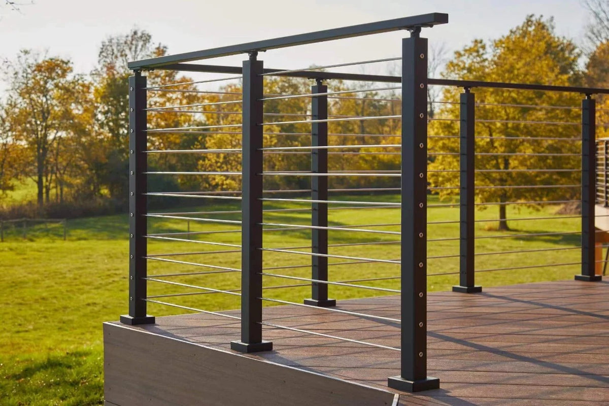 Black Rothnow wire cable railing for balcony, custom-sized Rothnow RNWR04 steel guardrail with cable infill, outdoor safety barrier
